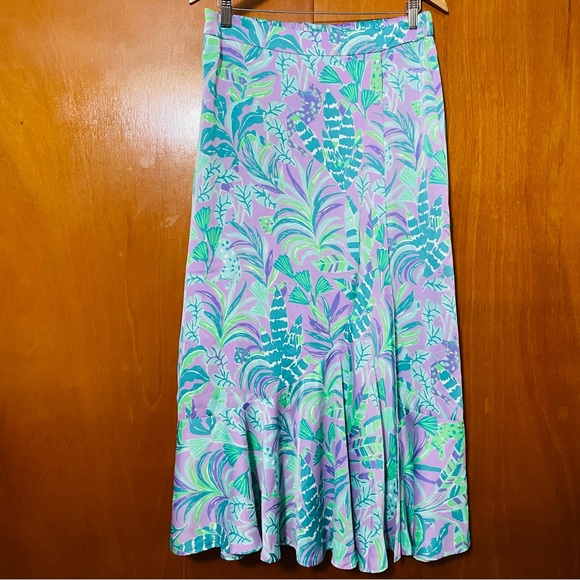Lilly Pulitzer Britney Midi Skirt Purple Floral Faux Wrap Flowy Ruffled Hem - Picture 4 of 16